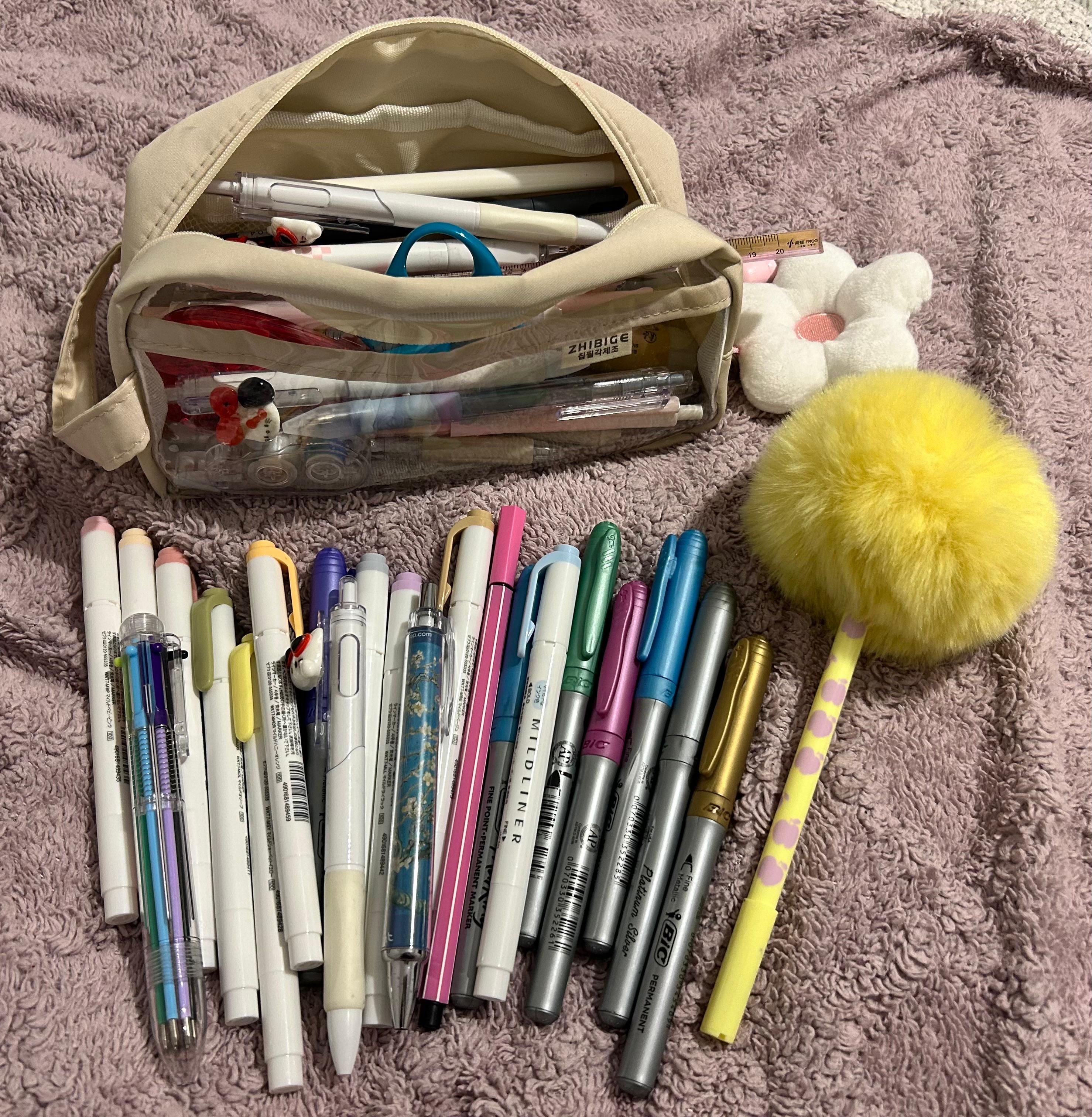 A pencil case with colorful pens and markers.